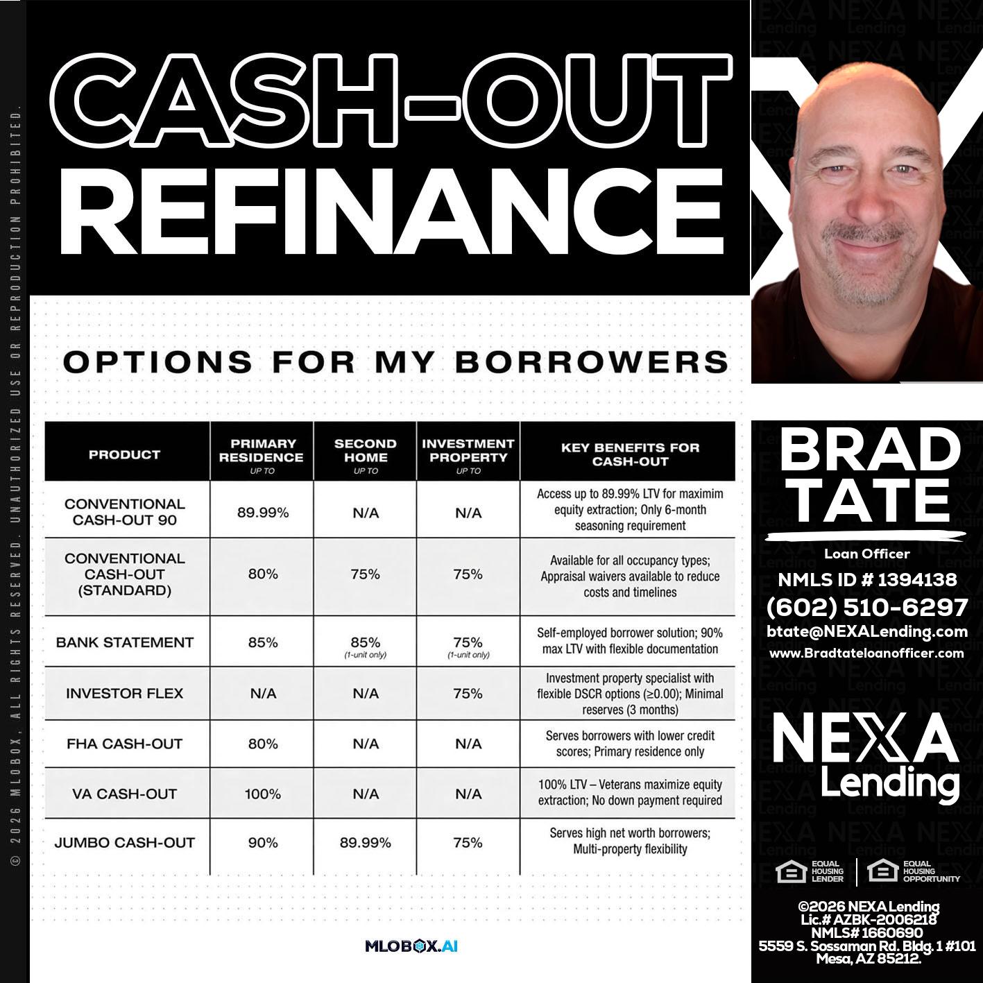 CASH OUT - Brad Tate -Loan Officer